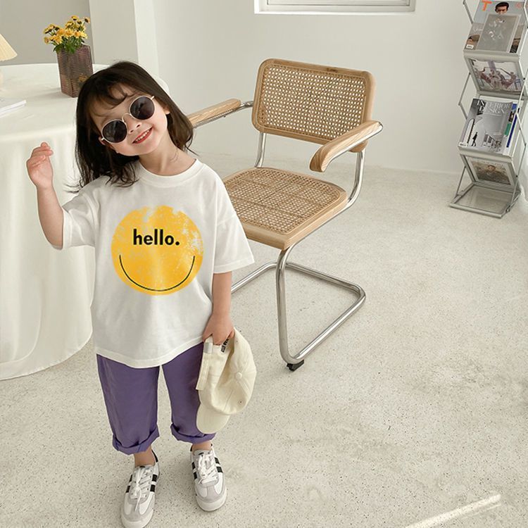 Cotton short-sleeved t-shirt girls and children's new summer clothes big children's foreign style casual loose smiley print top trend