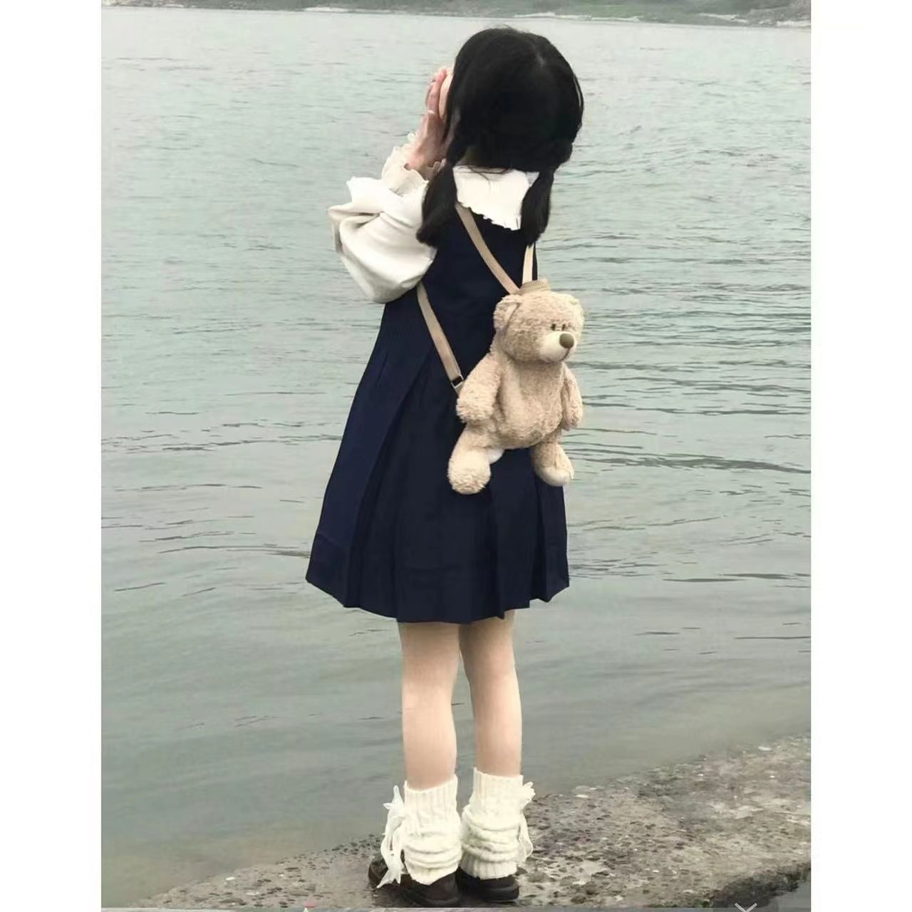 【兩件套】燈籠袖娃娃領襯衫+小笨熊背心裙春新款女學生套裝