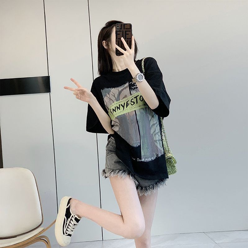 Black letter printing summer new fat mm large size loose shoulder T-shirt slim short-sleeved women's top 2-300 catties