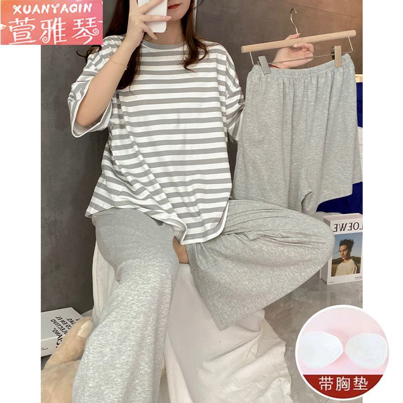 三件套睡衣女夏季韓版短袖胖妹妹寬鬆條紋學生圓領大碼家居服套裝