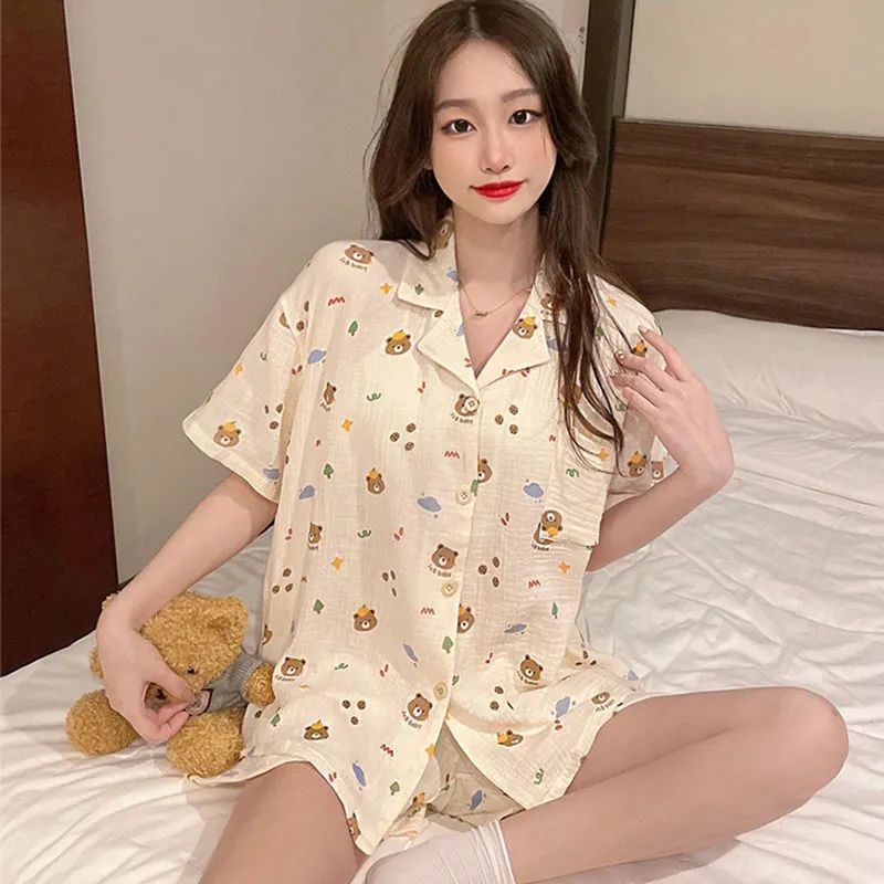 Japanese pajamas women's ins summer thin section can be worn outside sweet cardigan cute bear new home service suit