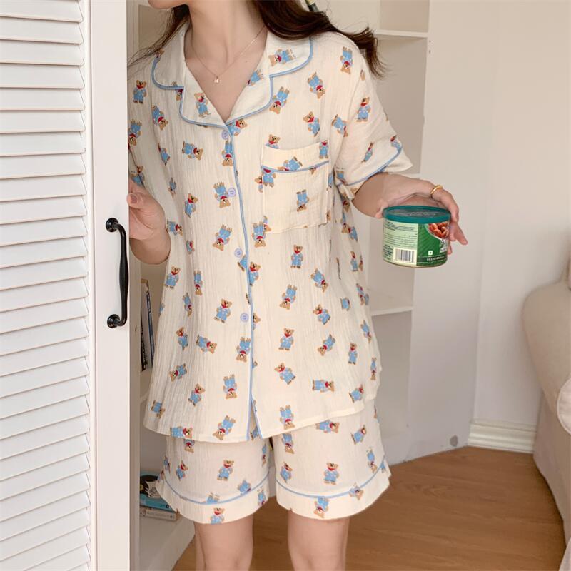 Baby cotton summer pajamas women's short-sleeved thin section net red ins style sweet girl bear home clothes two-piece set