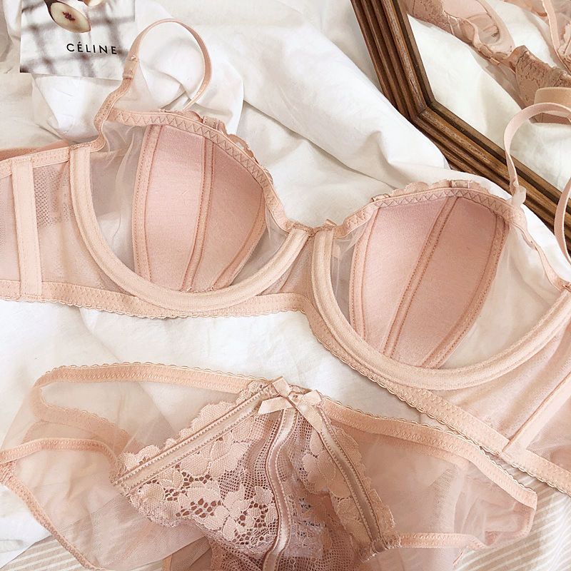 Spring and summer new big breasts show small gathered underwear women's thin anti-dew point push-up bra sexy lace bra set