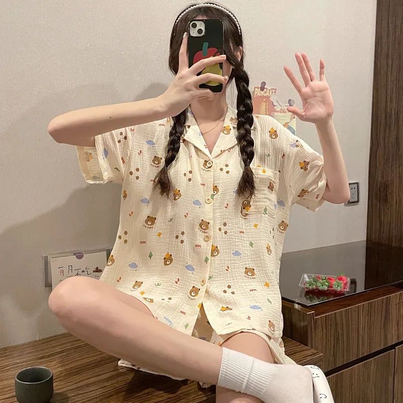Japanese pajamas women's ins summer thin section can be worn outside sweet cardigan cute bear new home service suit
