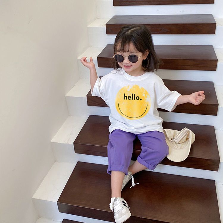 Cotton short-sleeved t-shirt girls and children's new summer clothes big children's foreign style casual loose smiley print top trend