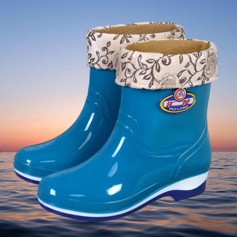 雨鞋女士中筒加绒保暖雨靴防滑女式水鞋高筒胶鞋加棉加厚水靴套鞋