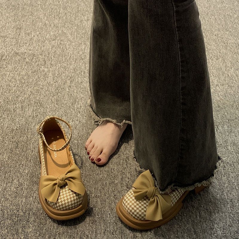贾不假日系单鞋女2023年春季新款时尚洋气蝴蝶结粗跟防滑玛丽珍鞋