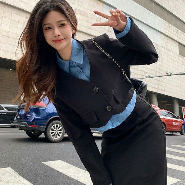 小香風時尚套裝女春季2023新款設計感拼接長袖西裝外套開叉半身裙