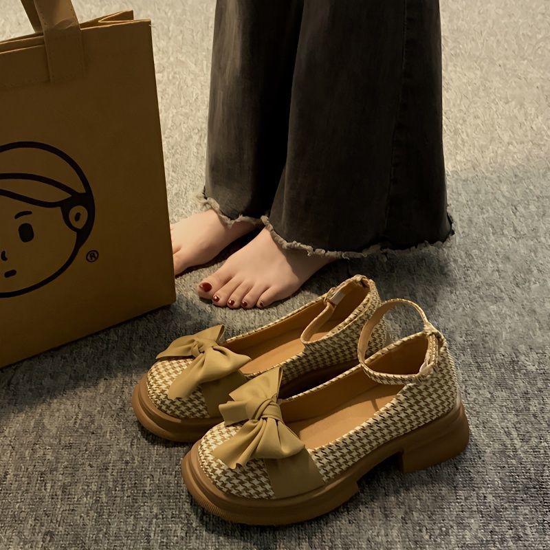 賈不假日系單鞋女2023年春季新款時尚洋氣蝴蝶結粗跟防滑瑪麗珍鞋