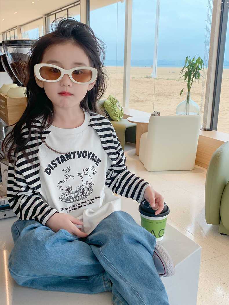 女童條紋T恤2023春季新款兒童長袖卡通印花上衣寶寶洋氣休閒衣服