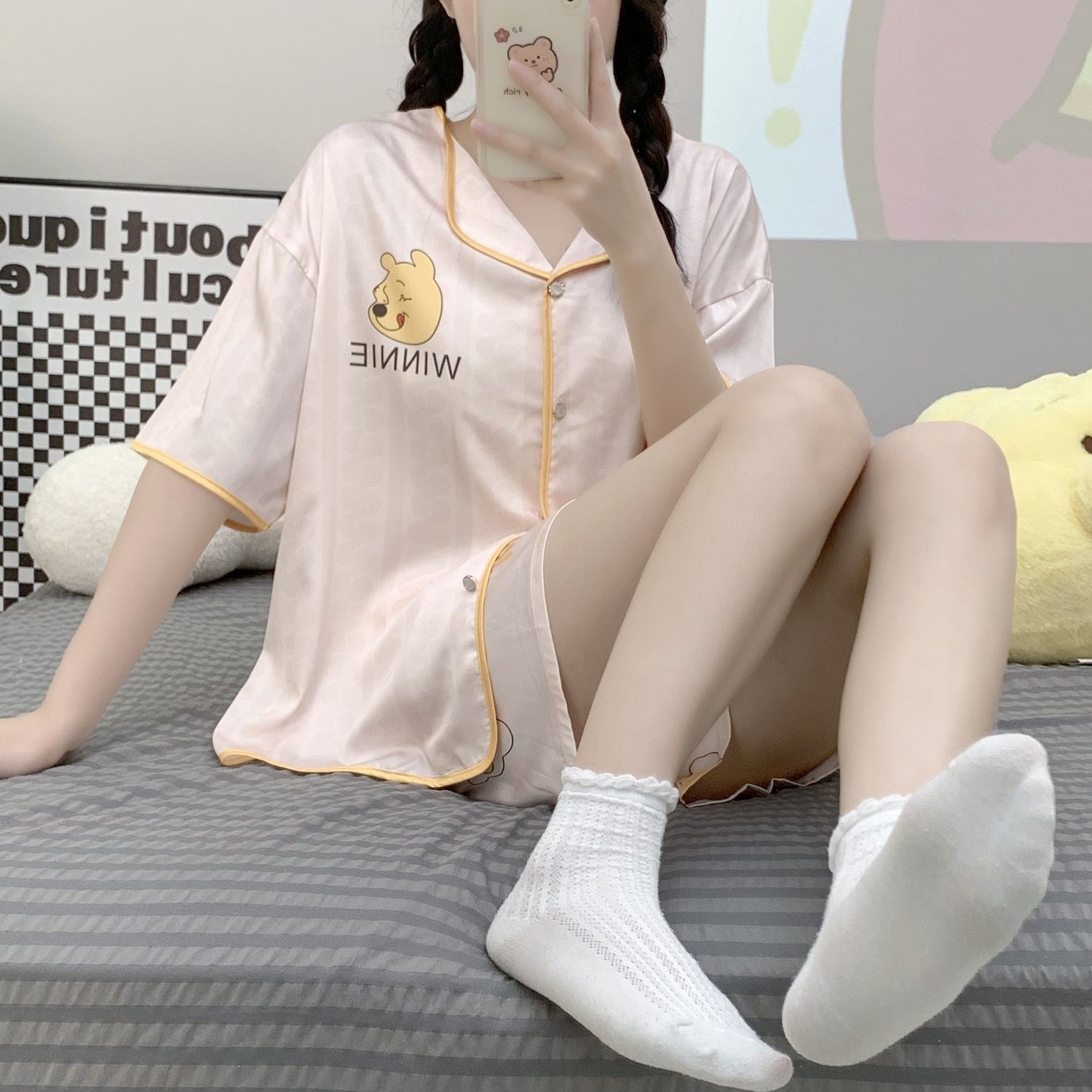 Ice silk pajamas female summer sweet ins Kulomi short-sleeved cute cartoon student dormitory home service suit