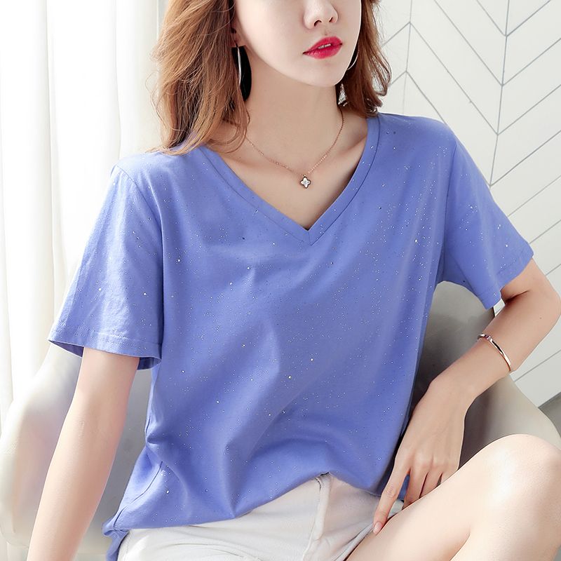 100%全棉V領t恤女短袖純棉韓版寬鬆顯瘦夏季雞心領半袖汗衫上衣服