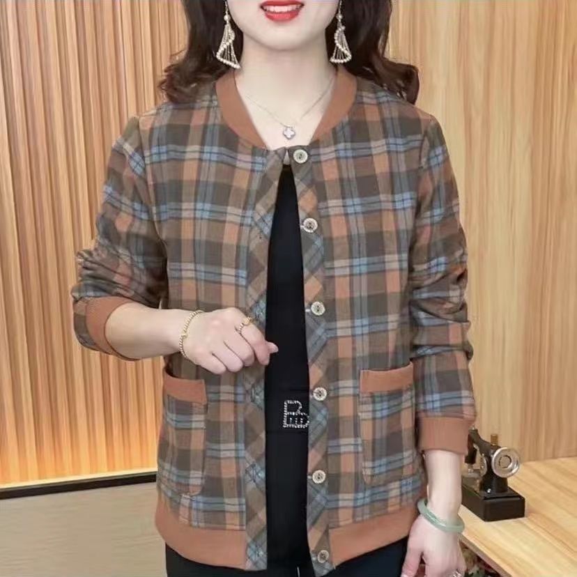 中老年女裝秋冬外套加絨格子棒球服2023新款媽媽裝保暖上衣短款
