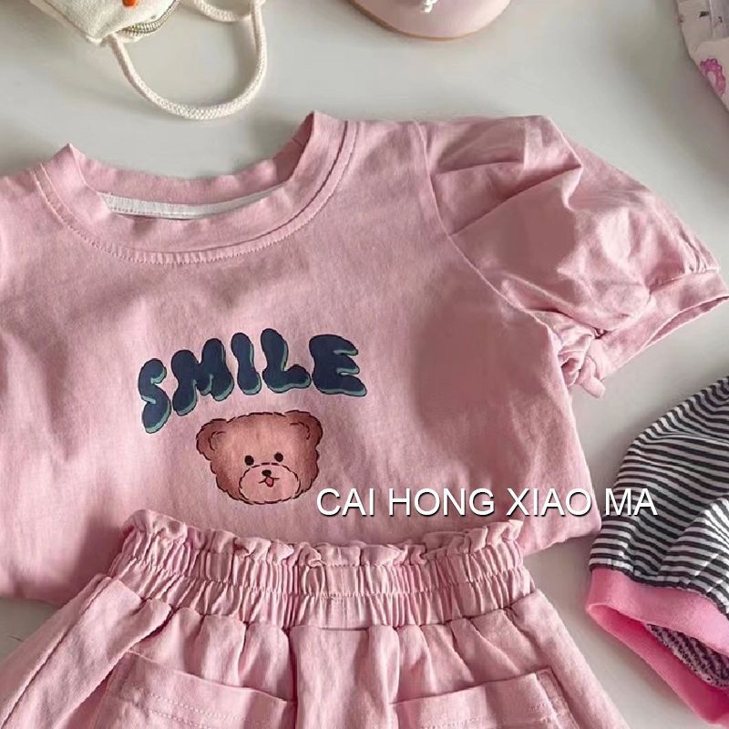 Korean ins children's clothing  summer new T-shirt girls suit fashionable foreign style short-sleeved skirt two-piece cartoon