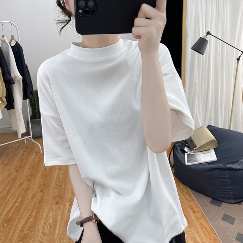 Pure cotton half-high collar loose short-sleeved T-shirt women's 2023 spring and summer Korean age-reducing thin top basic bottoming shirt