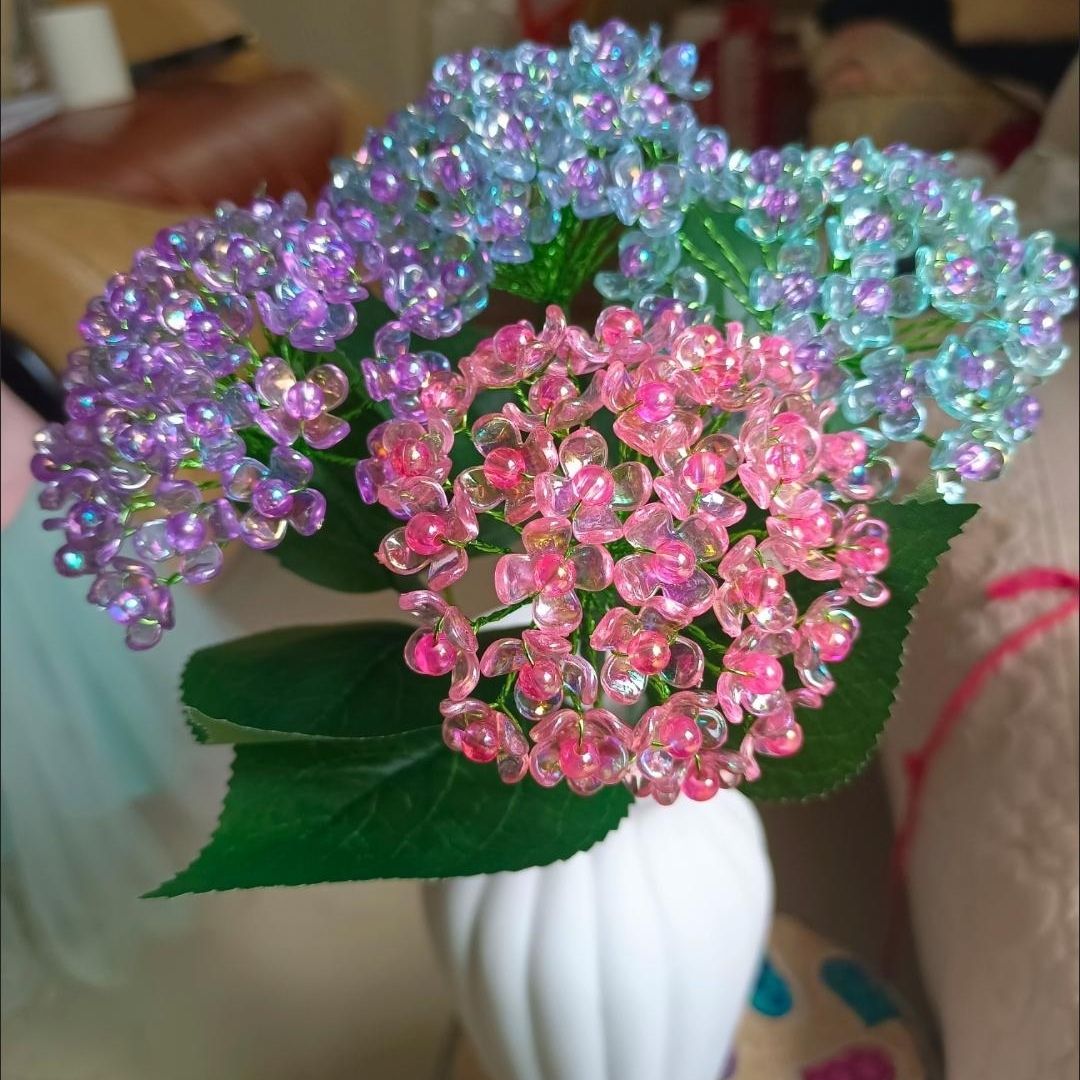 手工串珠炫彩绣球花花束透明炫彩四叶花盆栽家居装饰客厅摆件成品【6