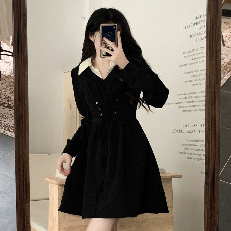 300 Jin Large Size Designed Lace-up Fake Two-piece Dress for Women Spring and Autumn Fat mm Waist Slimming Sweet Spicy A-Line Skirt