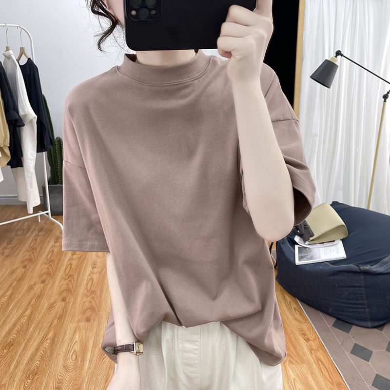 Pure cotton half-high collar loose short-sleeved T-shirt women's 2023 spring and summer Korean age-reducing thin top basic bottoming shirt