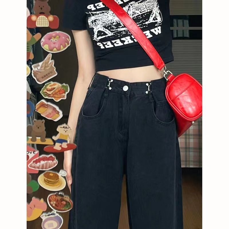 特大碼300斤胖mm黑色闊腿牛仔褲女高腰顯瘦寬鬆遮肉百搭直筒褲子