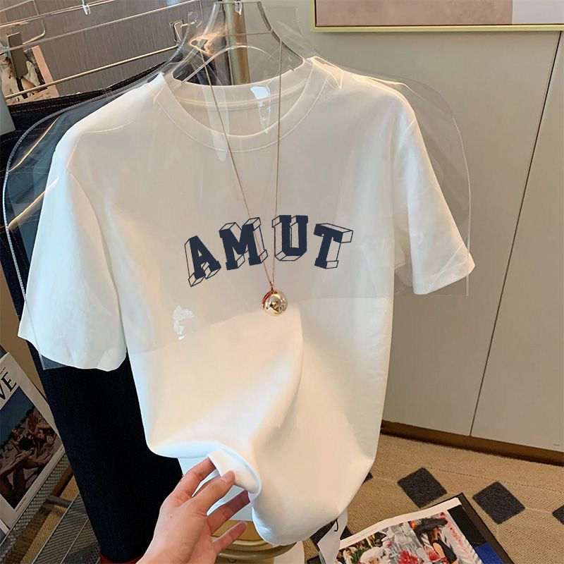 Heavy 100% cotton white letter printed short-sleeved t-shirt men and women summer trend student loose couple tops