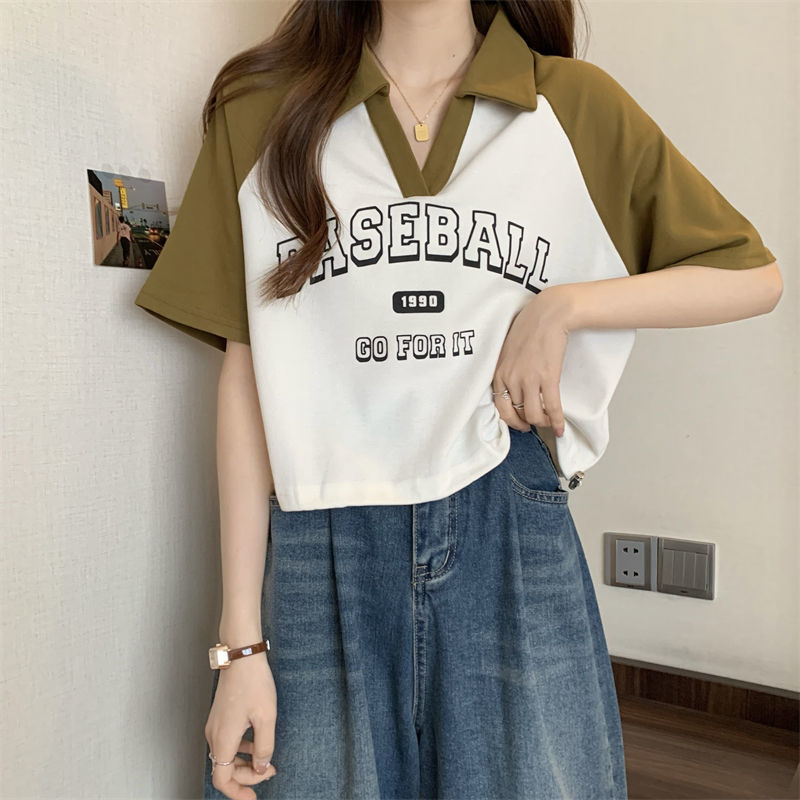 Plus size women's summer fat MM American retro POLO collar contrast color short-sleeved women's T-shirt loose and thin top 2-300 catties