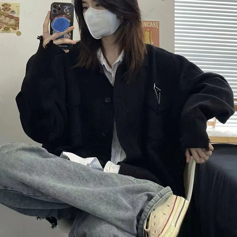特大碼300斤胖mm黑色口袋立體針織開衫男女春秋寬鬆豎紋毛衣外套