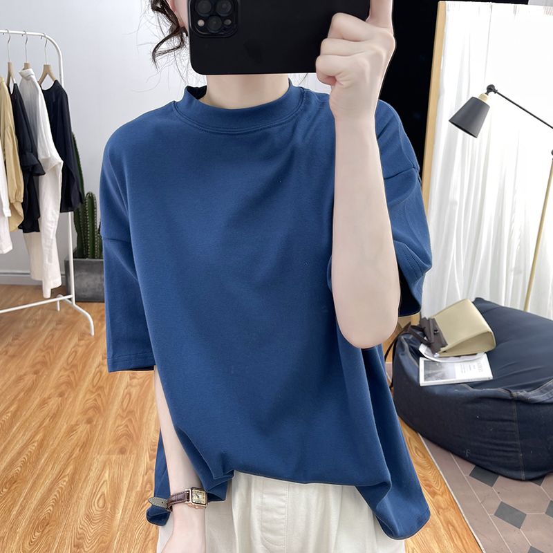 Pure cotton half-high collar loose short-sleeved T-shirt women's 2023 spring and summer Korean age-reducing thin top basic bottoming shirt