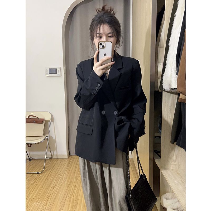 Black suit jacket for small women 2023 spring and autumn short style high-end street style Korean style casual slim suit new