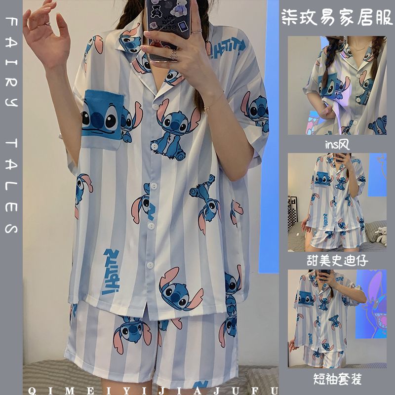 史迪仔睡衣女夏季新款日系ins卡通可愛學生可外穿短袖家居服套裝