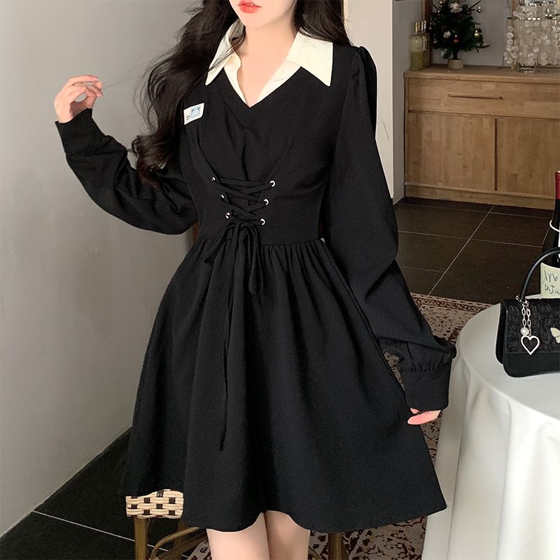 300 Jin Large Size Designed Lace-up Fake Two-piece Dress for Women Spring and Autumn Fat mm Waist Slimming Sweet Spicy A-Line Skirt