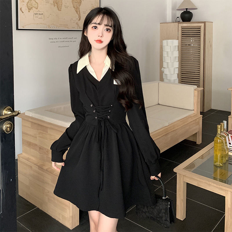 300 Jin Large Size Designed Lace-up Fake Two-piece Dress for Women Spring and Autumn Fat mm Waist Slimming Sweet Spicy A-Line Skirt