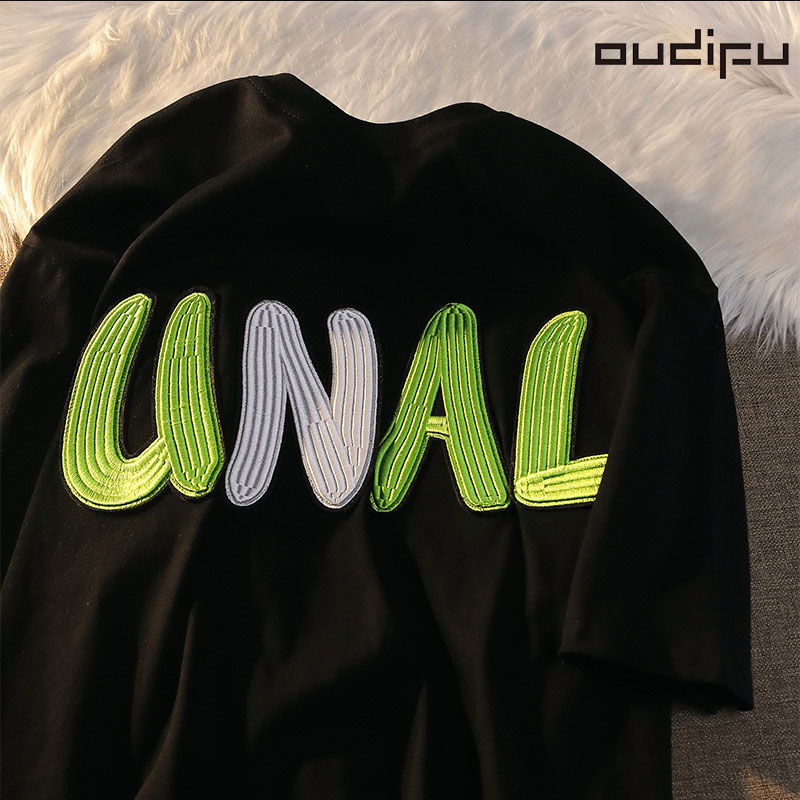 OUDIFU heavy 240G cotton short-sleeved t-shirt for men and women of the same style 2023 national tide ins summer loose half-sleeved top