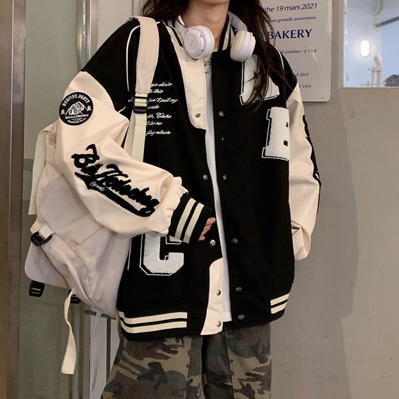 vintage美式拼接刺繡棒球服春秋季新款百搭學生韓版寬鬆外套女in