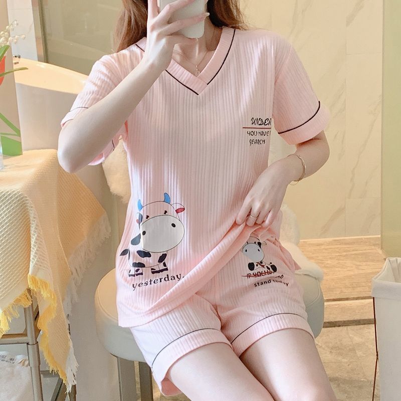 100% double-sided pajamas women's summer short-sleeved casual student cartoon loose cute simple large size home service suit
