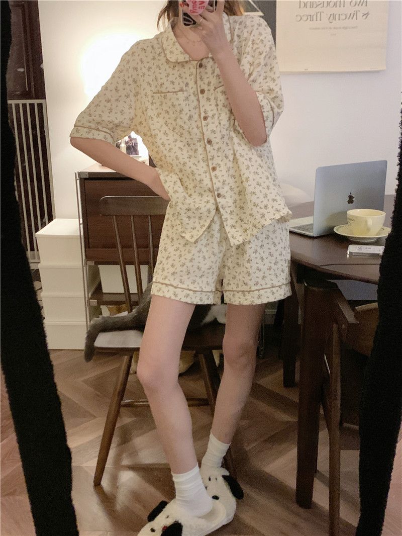New baby cotton pajamas women's summer loose thin section short-sleeved shorts cardigan sweet mesh home service suit