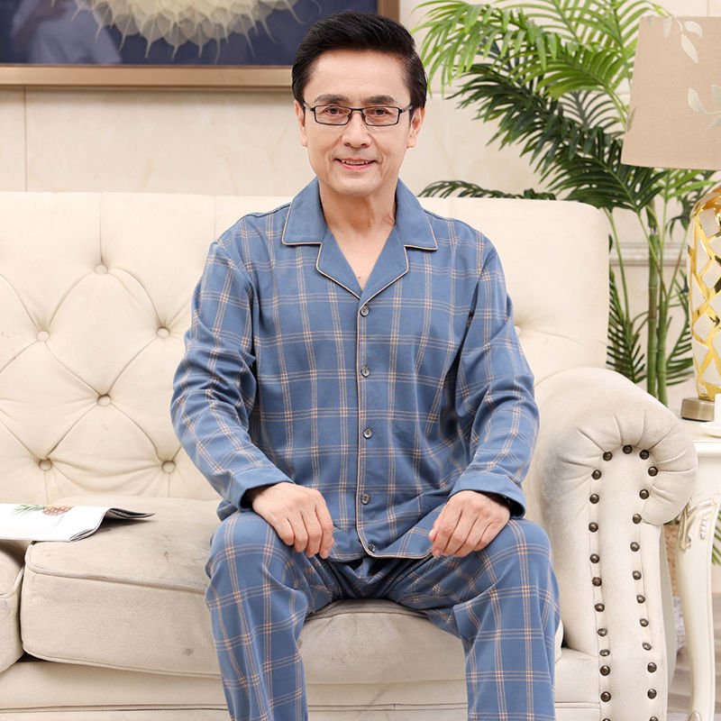 男士高檔純棉睡衣春秋季長袖中年爸爸大碼開衫套裝中老年人家居服