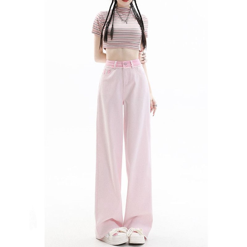 Pink jeans women's spring and summer  new wide-leg pants high waist loose slim straight pear-shaped body pants