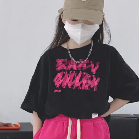 女童纯棉短袖t恤2023夏季新款韩版中大童帅气字母印花半袖上衣潮