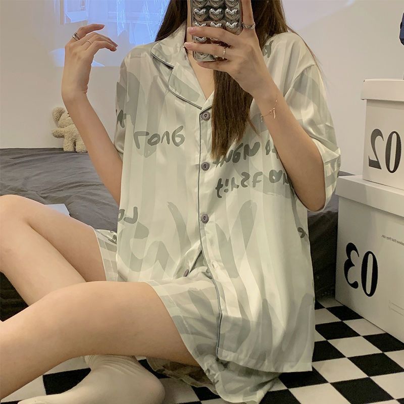 Ins style vibrato net red same style pajamas female summer ice silk short-sleeved high-quality summer dormitory home service suit