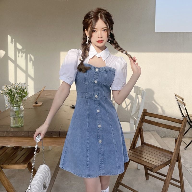 Small summer denim dress women's fake two-piece puff sleeve girl student college style slim design skirt