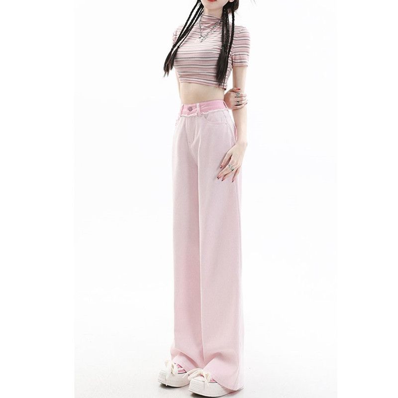 Pink jeans women's spring and summer  new wide-leg pants high waist loose slim straight pear-shaped body pants