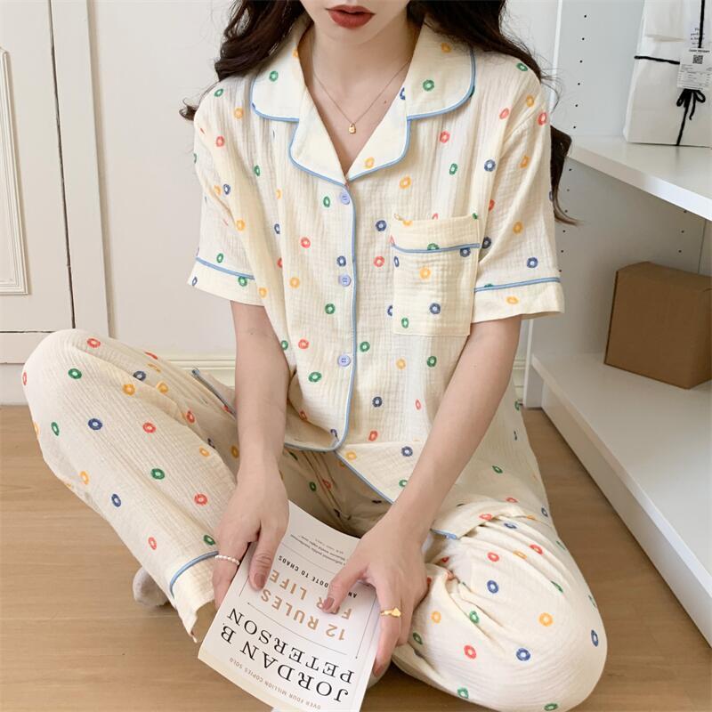 Baby cotton pajamas women's summer short-sleeved trousers comfortable mesh cardigan sweet loose summer home service suit