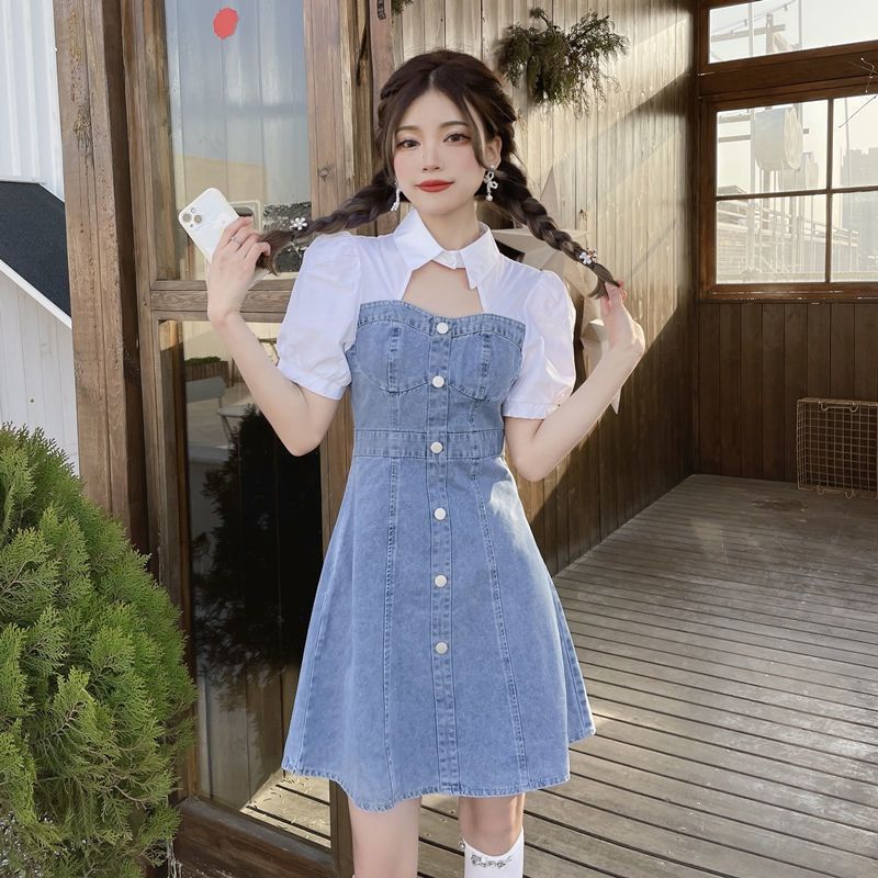 Small summer denim dress women's fake two-piece puff sleeve girl student college style slim design skirt