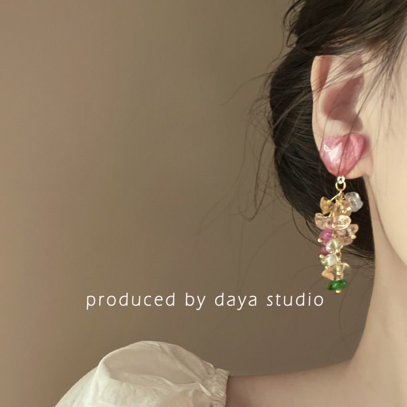 Peach Bubbles Wave Light Love Color Crystal Tassel Earrings Light Luxury Niche Design Fairy Temperament Ins Ear Clips