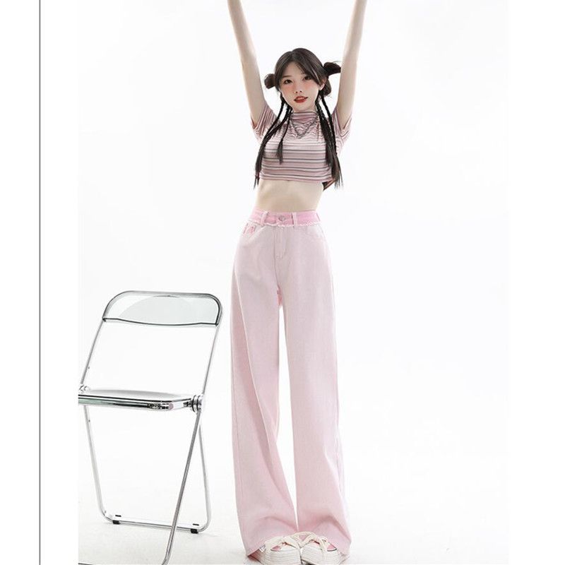 Pink jeans women's spring and summer  new wide-leg pants high waist loose slim straight pear-shaped body pants