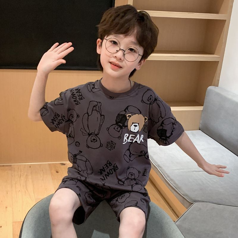 100% cotton boys' pajamas, pure cotton short-sleeved shorts, cartoon handsome middle-aged and older children's summer thin boys' home clothes