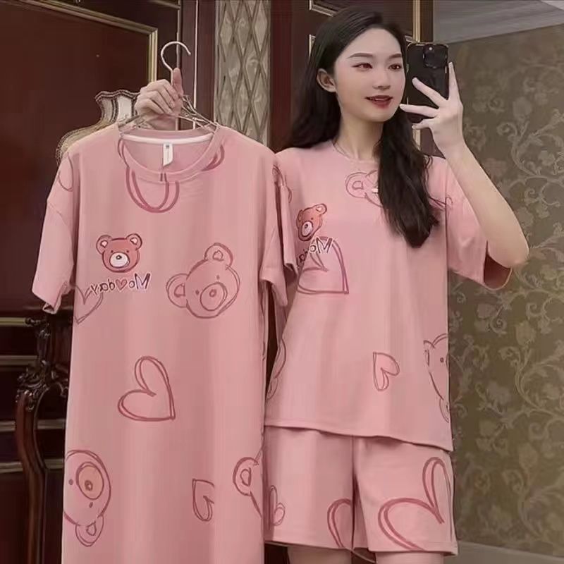 [Three-piece set] Nightdress women's summer short-sleeved comfortable plus-size pregnant women sweet lady ins style loose home skirt