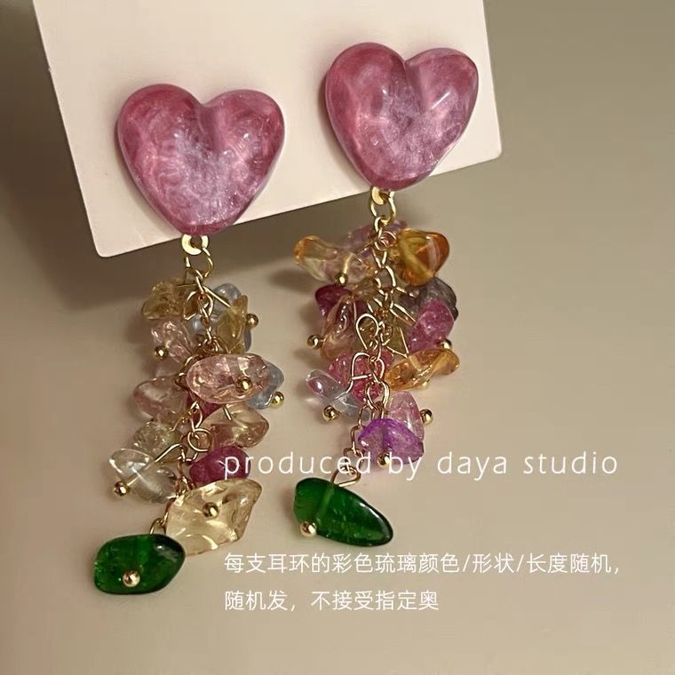 Peach Bubbles Wave Light Love Color Crystal Tassel Earrings Light Luxury Niche Design Fairy Temperament Ins Ear Clips