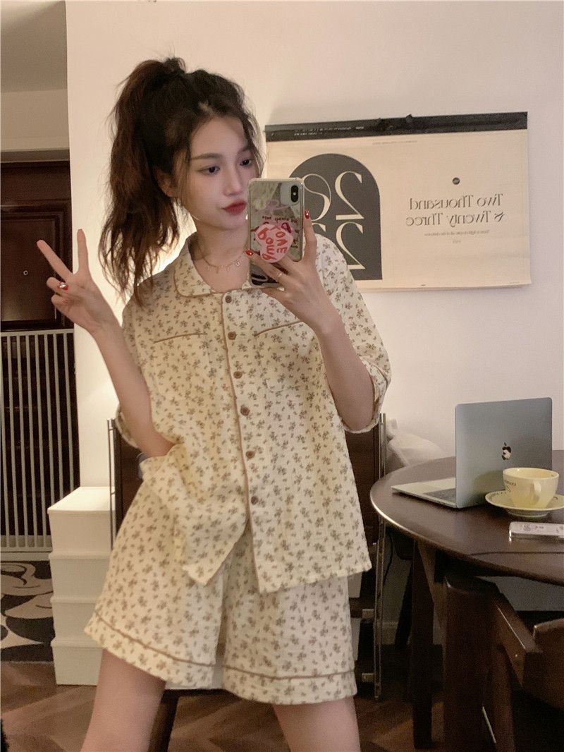 New baby cotton pajamas women's summer loose thin section short-sleeved shorts cardigan sweet mesh home service suit