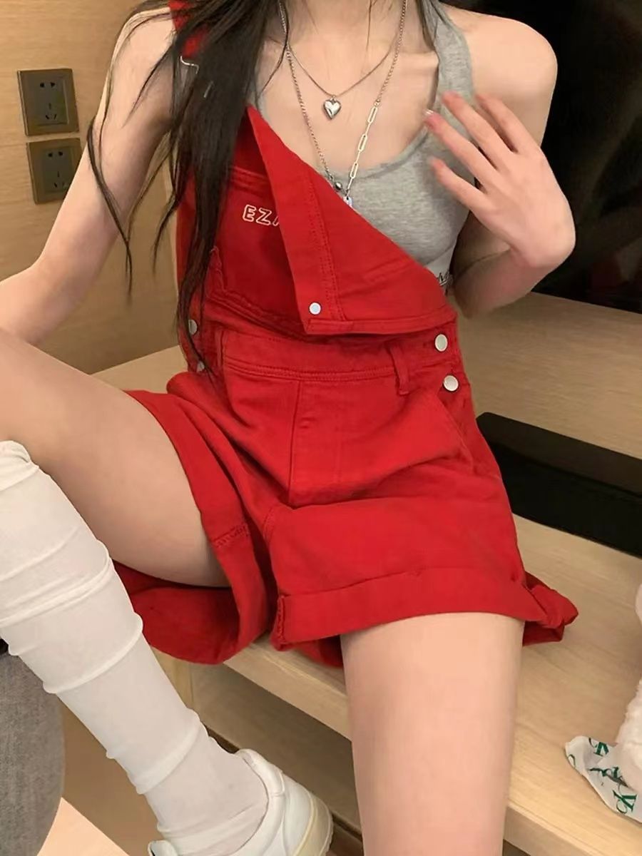 Red hot girl high waist denim suspenders shorts female summer small loose loose age-reducing wide-leg suspenders one-piece pants